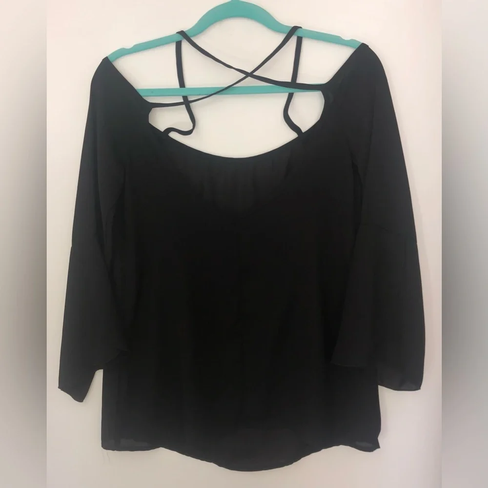 Lovely Day Top S Black Sheer Off Shoulder Cross Strap Back Slit Flare Sleeve VTG